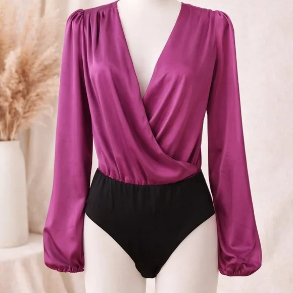 Strut & Bolt Magenta Satin Wrap Bodysuit | Size L | Long Sleeve V-Neck - Picture 2 of 7
